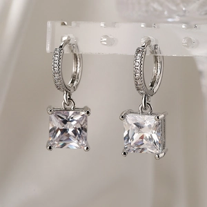 Silver square zircon drop earrings featuring a luxury minimalist design in 18k gold plating
