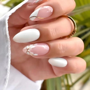 Pink White Floral Almond Press On Nails With Golden Lines Elegant Sweet Fashion Glossy Fake Nails For Women