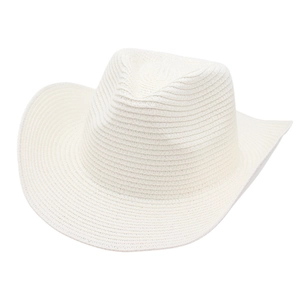 Classic white woven straw Panama hat with wide brim and western cowboy style design