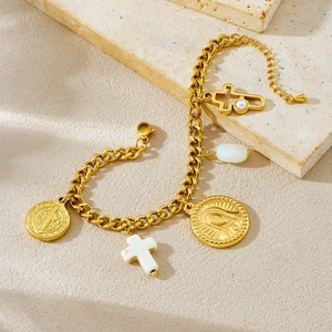 Vintage gold stainless steel necklace set with pearl, cross and religious medallions