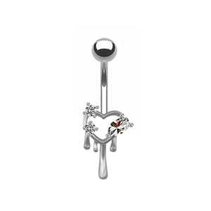 Detailed macro view of silver heart navel ring with sparkling white zircon stones