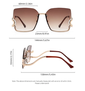 Detailed size chart of oversized PC sunglasses with dimensions and metal temple view