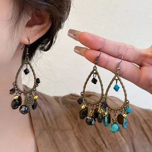 Vintage Water Drop Dangle Earrings Alloy Hollow Out With Artificial Stone Beads Bohemian Ethnic Style For Women