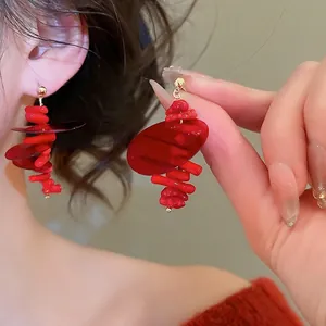 Retro red sequin tassel earrings with silver needles and gold sphere studs for women