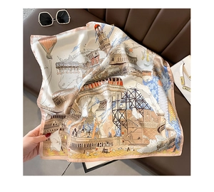 Detail of silk scarf with French retro street pattern and elegant pink border