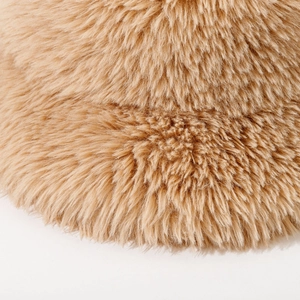 Plush faux fur bucket hat in light brown, thick warm winter headwear for men and women