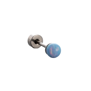 Titanium steel stud earring with blue round opal stone displaying colorful fire on white