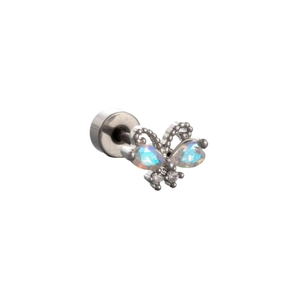Surgical steel butterfly stud earring with light blue opal and clear cubic zirconia stones
