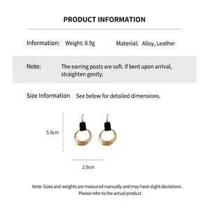 Detail showing dimensions of round leather and gold alloy hoop earrings for women