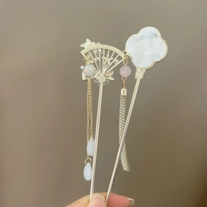 Detail view of gold fan-shaped hair pin and cloud pattern tassels for Hanfu hairstyle