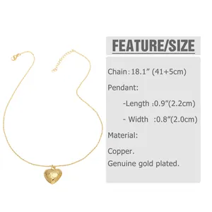 Detailed size chart for heart pendant necklace showing chain length and dimensions