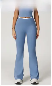Haze blue high-waisted yoga flare pants with slim fit and elastic athletic fabric