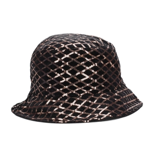Unisex bucket hat with black velvet base and gold sequin diamond grid pattern