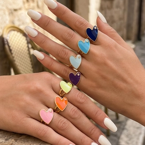 Sweet Copper Enamel Heart Ring For Women Rhinestone Inlaid Gold Plated Adjustable Open Ring Korean Fashion Jewelry Ring