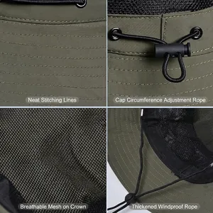 Army green outdoor sun hat with breathable mesh, adjustable drawcord and windproof rope