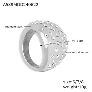 Detail view of 1.6cm wide silver titanium steel ring with Czech diamond and dimensions