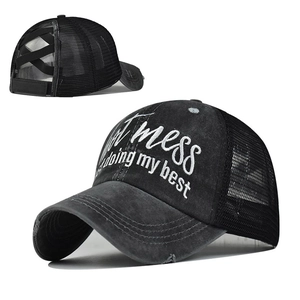 Detail of cross elastic bands on women's ponytail mesh baseball cap with embroidery
