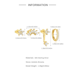 Detailed size specifications for 925 sterling silver gold stud earring set with zirconia