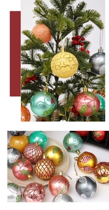 Detail of 6cm multi-colored Christmas balls with glitter and painted patterns on a tree