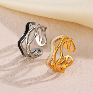 Adjustable hollow wave rings in gold and silver finish with enamel drip details