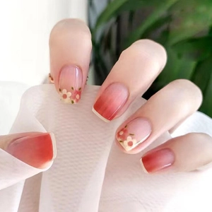 Pink Gradient Short Square Press On Nails With Flower Pattern Sweet Fresh Daily Wear Reusable Fake Nails With Glue For Women