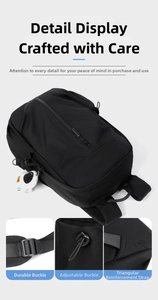 Detailed view of the durable buckles and reinforced straps on this black oxford backpack