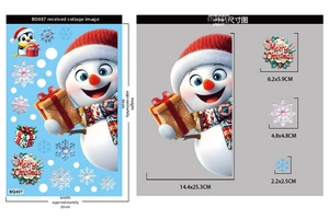 Size guide for Christmas window stickers featuring snowman, wreath and snowflake dimensions
