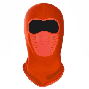 Detail of bright orange balaclava featuring a breathable vent and windproof protective shield