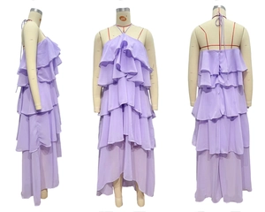 Three-view display of a lavender tiered chiffon maxi dress with halter neck and ruffles