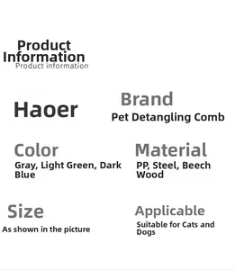 Specifications for pet de-matting comb in grey, green, blue with PP and beech wood