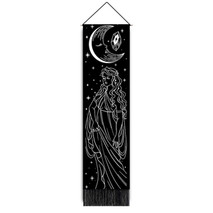 Bohemian moon and butterfly tapestry with black background and decorative tassels
