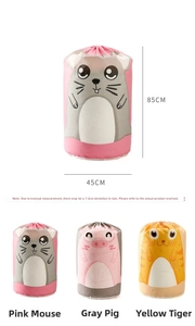 Detail showing cartoon storage bags with drawstring closure and 85x45cm size marking