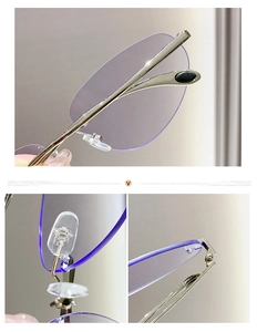 Dettaglio di occhiali da sole ovali senza montatura con lenti viola e montatura in argento