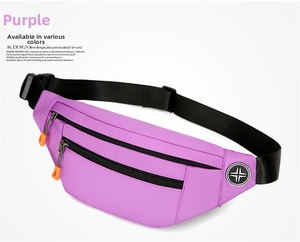 Detail view of purple oxford fabric waist bag with zipper pockets and logo