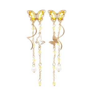 Elegant gold butterfly tassel earrings with yellow crystal and white pearl accents