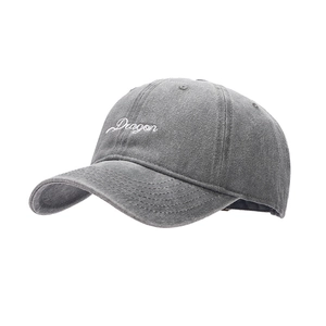 Grey washed baseball cap with white Dragon embroidery and curved brim in 45-degree view