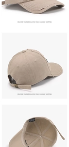 Macro detail of khaki cotton distressed baseball cap showing 100% cotton tag and metal buckle