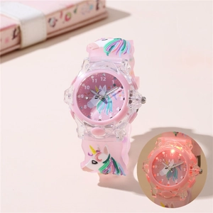 Pink luminous unicorn kids watch with silicone strap and glowing LED effect for girls