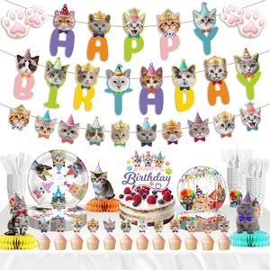 Complete cat-themed birthday party decoration kit with colorful banners and tableware set