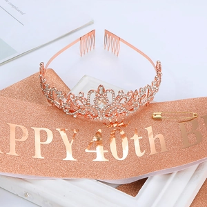 Rose gold 40th birthday set with crystal crown tiara and pink glitter sash for women