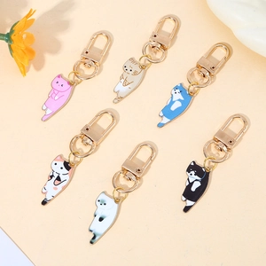 Cute cartoon cat alloy keychains in six assorted colors with gold metal clasps