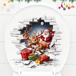 Christmas 3D Toilet Lid Sticker Santa Claus Reindeer PVC Removable Waterproof Bathroom Festive Decor Wall Decal