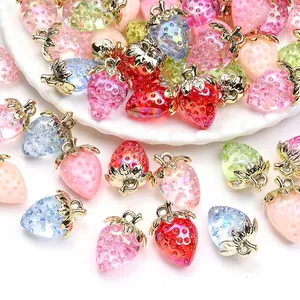 Strawberry Pendants Acrylic Alloy Golden Leaf For DIY Jewelry Making Earrings Keychains Colorful Transparent Matte Charms