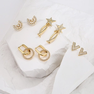 Irregular Geometric Stud Earrings Copper 18K Gold Plated Zircon Inlaid Elegant Light Luxury Jewelry For Women