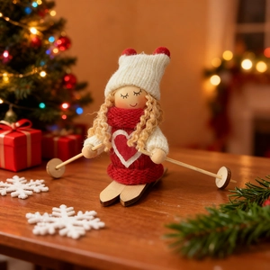 Christmas skiing doll ornament with red heart knit sweater and wooden skis on tabletop