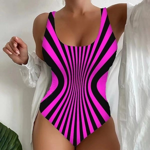 Detailed view of women's one-piece swimsuit with vibrant pink and black radial stripes