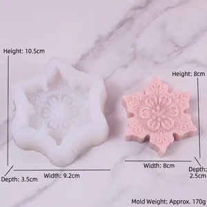 3D snowflake silicone mold for candles showing mold and finished pink soap with size data