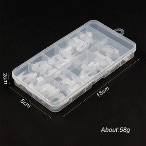 Clear 12-slot nail art storage box showing size 15x8x2cm and weight 58g on black background