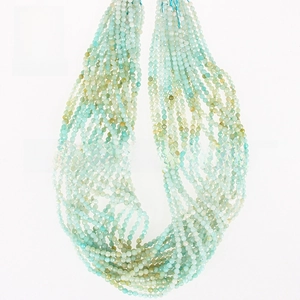 Close-up of faceted 3mm natural amazonite beads strand with light blue polished surface