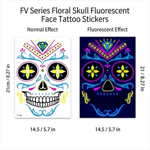 Macro view of UV reactive floral skull face tattoo stickers for Halloween parties